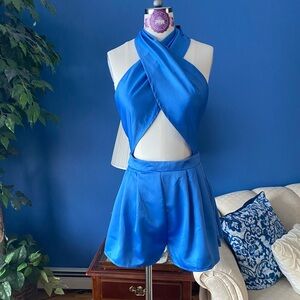 ❤️🤍💙 Blue satin tie back Halter Romper
